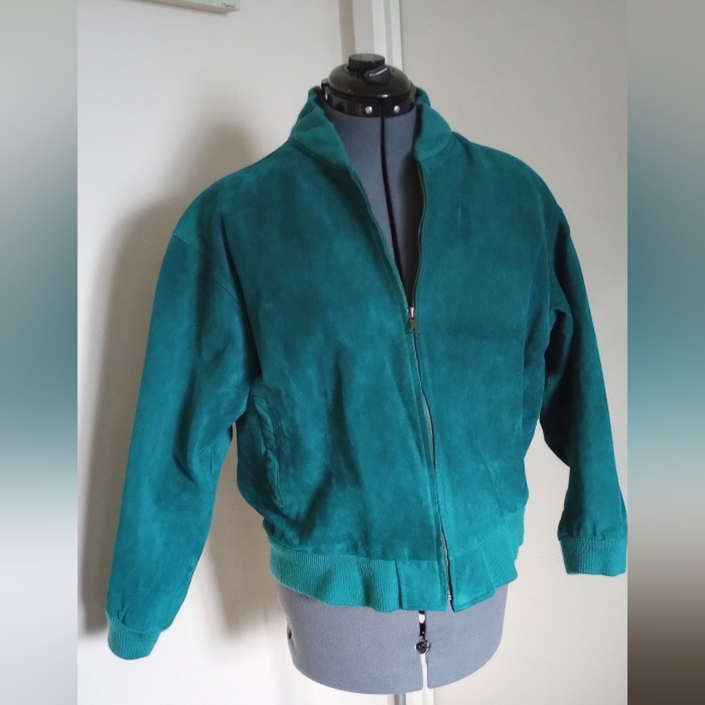 Vintage 80s Global Identity teal green suede bomber jacket Womens Med
